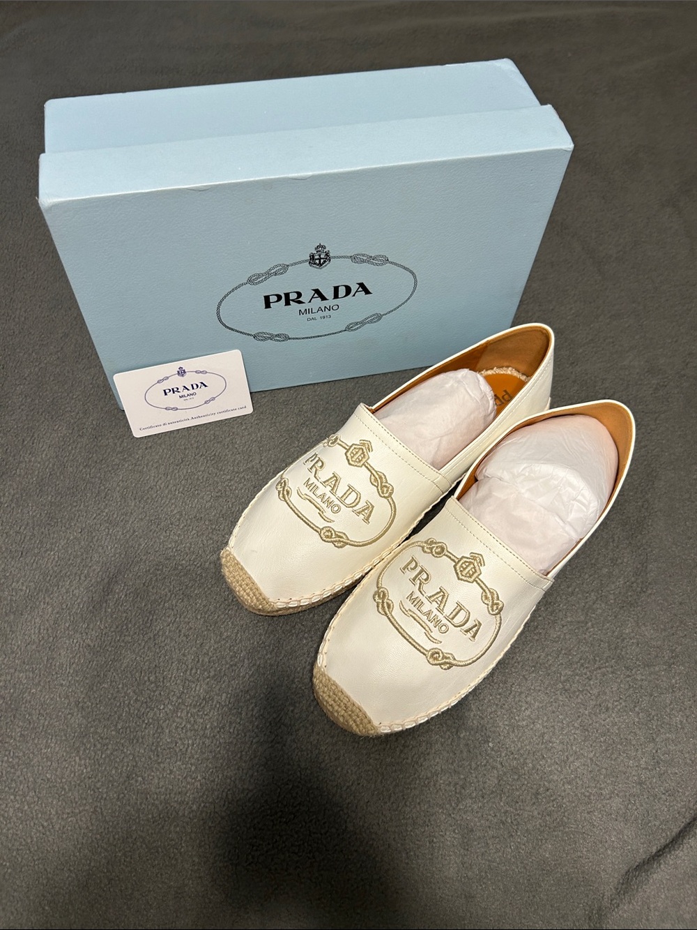 Prada Cream Leather Espadrilles with Gold Logo Stitching